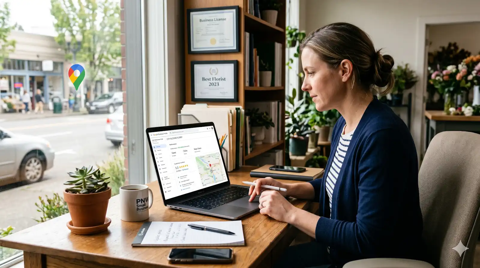A local business owner reviewing their Google Business Profile and Maps visibility on a laptop